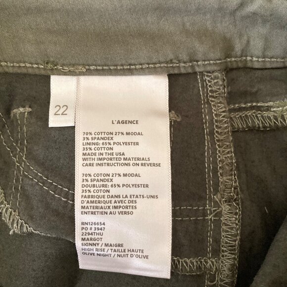 NWT L'AGENCE High Rise Skinny Margot Olive Green Cotton Jeans Size 22 - Picture 8 of 8